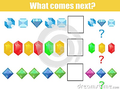 What comes next educational children game. Kids activity sheet, continue the row task Vector Illustration