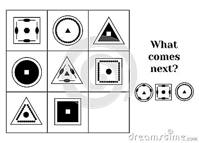 What comes next educational children game. Kids activity sheet, continue the row task Vector Illustration