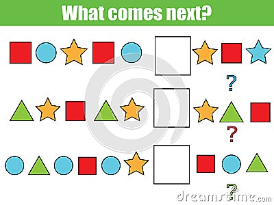 What comes next educational children game. Kids activity sheet, continue the row task Vector Illustration