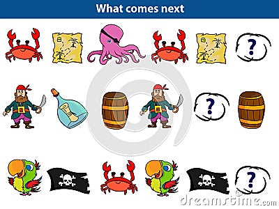 What comes next Educational game for children Set of cartoon pirate characters. Vector illustration Cartoon Illustration