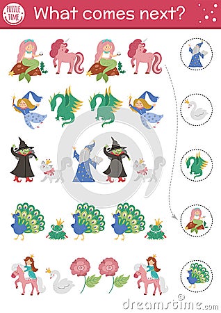 What comes next. Fairytale matching activity for preschool children with traditional fantasy creatures. Funny magic kingdom puzzle Vector Illustration