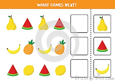 What comes next. Sequence game for children. Set of colorful fruits Vector Illustration