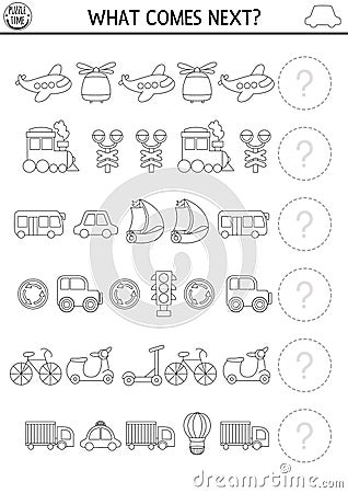 What comes next. Transportation black and white matching activity with plane, car, scooter, train, boat, bus. Air, water, land Vector Illustration