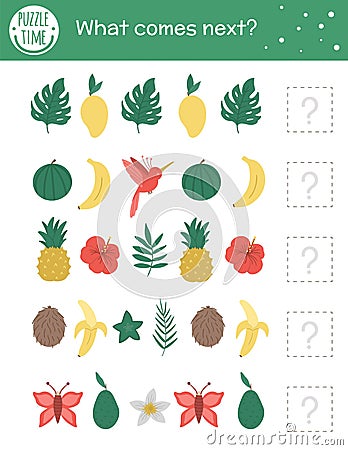 What comes next. Tropical matching activity for preschool children with tropic symbols. Funny exotic puzzle for kids. Logical quiz Vector Illustration