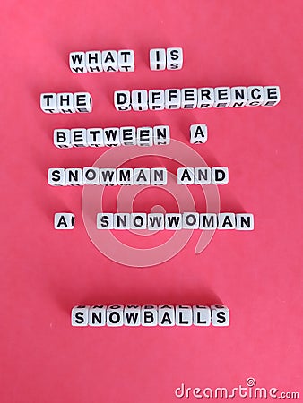 What is the difference between a snowman and a snowwoman snowballs funny winter poster on a pink background Stock Photo