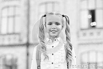 What do you know. First day of school. Happy schoolgirl urban background. Little schoolgirl back to school. Small Stock Photo