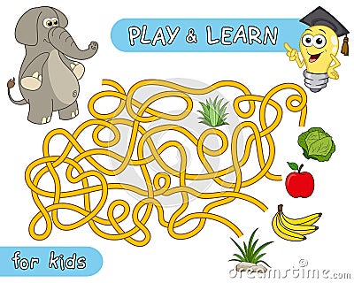 What does the elephant eat. Help the elephant to find the right way in maze and learn that it like to eat. Maze Game with Solution Vector Illustration