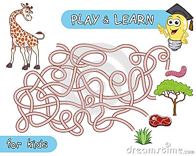 What does the giraffe eat. Help the giraffe to find the right way in maze and learn that giraffe like to eat. Maze Game Vector Illustration