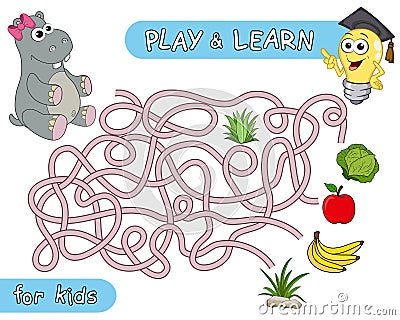 What does the girl hippo eat. Help the hippopotamus to find right way in maze and learn that it like to eat. Maze Game Vector Illustration