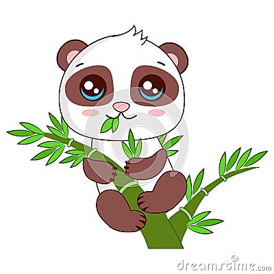 Funny Baby Panda Hanging On The Bamboo. Cartoon Vector Illustration. Vector Illustration