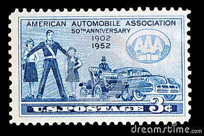 1952 Commemorative American Automobile Association postage stamp AAA - United States Post Office 3 Cents Editorial Stock Photo