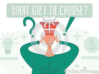 What gift to choose concept. Shocked man in a New Year or Christmas suit chooses gifts. Isolated New Year male. Flat cartoon Vector Illustration
