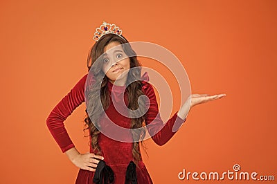 So what. I do not care. Beauty contest model. Kid wear golden crown symbol of princess. Girl cute baby wear crown Stock Photo