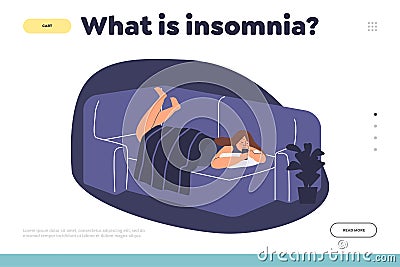 What is insomnia concept of landing page with young girl sleepless lying in bed with smartphone Vector Illustration