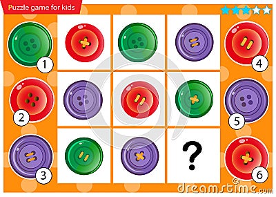What item are missing? Color buttons. Logic puzzle game for kids. Education game for children. Sudoku puzzle. Worksheet vector Vector Illustration