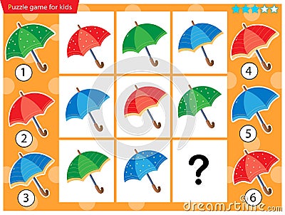 What item are missing? Color umbrellas. Logic puzzle game for kids. Education game for children. Sudoku puzzle. Worksheet vector Vector Illustration