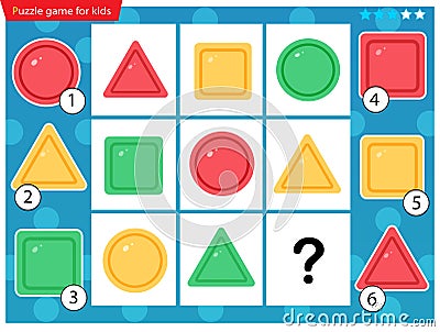 What item are missing? Geometric shapes. Logic puzzle game for kids. Education game for children. Sudoku puzzle. Worksheet vector Vector Illustration