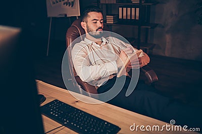 What next. Profile side of creative brainstorming collar man in white shirt sit armchair write list in copybook manage Stock Photo