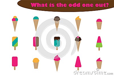What is the odd one out for children, ice cream theme in cartoon style, fun education game for kids, preschool worksheet activity Stock Photo