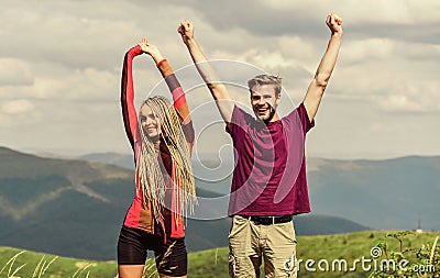 What is our next travel destination. Two hearts full of love. Honeymoon in highlands. Love and trust. Couple landscape Stock Photo