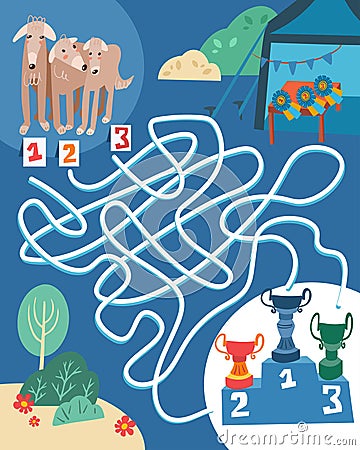What place will each dog take. Follow the paths. Maze education for kids. Full color hand drawing vector illustration. Vector Illustration