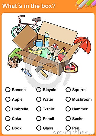 WhatÂ´s in the wardrobe? Draw a circle around each thing.WhatÂ´s in the box? Find the objects. - Worksheet for education. Vector Illustration