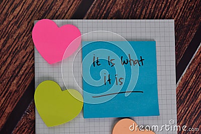 It is What It Is text on sticky notes with office desk Stock Photo