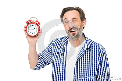 What time is it. Bearded senior man with mechanical clock in hand. Mature timekeeper with analog clock. Mature man Stock Photo