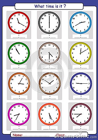 What time is it, What is the time, draw the time, Learning to Tell Time Stock Photo