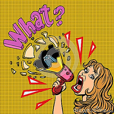 What. woman with megaphone advertising announcement Vector Illustration