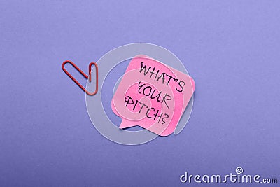 What's Your Pitch text on a pink speech bubble Stock Photo