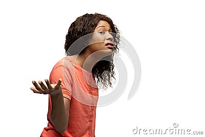 Young african-american woman with funny, unusual popular emotions and gestures isolated on white studio background Stock Photo