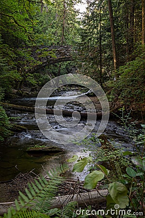 Whatcom creek and bridge at whatcom Falls park in Bellingham Washington Stock Photo