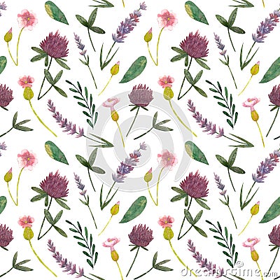 Whatercolor seamlees pattern with wild clovers, lupines and leaf Stock Photo