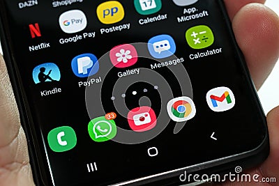 Whatsapp push notifications counter view and smartphone home screen apps,instant chat messaging,phone addiction,tech Editorial Stock Photo