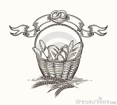 Wheat bakery basket sketch Vector Illustration