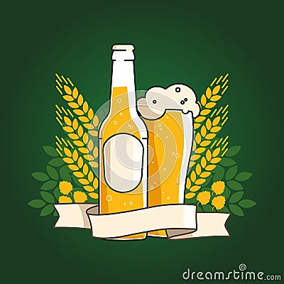 Wheat beer. Beer bottle and glass with beer and ribbon. Ears of wheat and hops. Vector illustration for web, poster, invitation to Vector Illustration