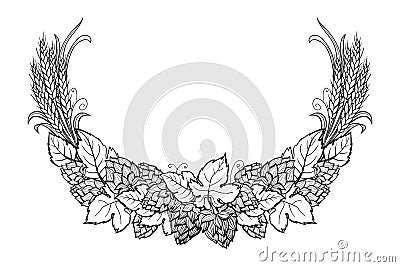 Wheat and beer hops branch with wheat ears, leaves and hop cones. Vector Illustration
