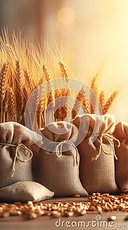 Wheat in burlap in sacks on a minimalistic background, industrial food cultivation. Stock Photo