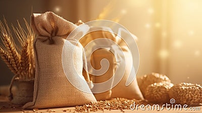 Wheat in burlap in sacks on a minimalistic background, industrial food cultivation. Stock Photo