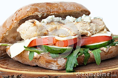 Wheat chicken sandwich burger, fried potatoes, mustard sauce. Se Stock Photo