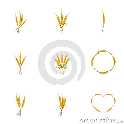 Wheat ears or rice icons set, cartoon style Vector Illustration