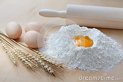 Wheat, flour and eggs Stock Photo