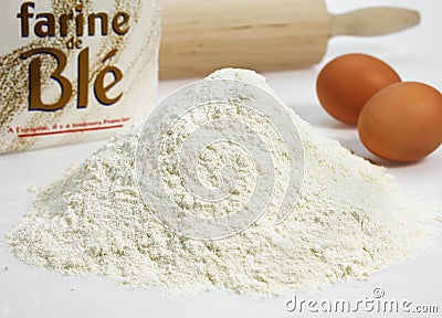 Wheat Flour and Eggs, Ingredients for Cake`s Recipe Stock Photo