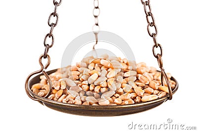 Wheat grain in old balance scale Stock Photo