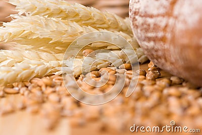 Wheat grains and bread Stock Photo