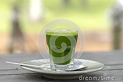 Wheat grass juice natural drink with fresh wheatgrass in glass on old wooden table background. Organic healthy organic green detox Stock Photo