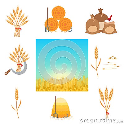 Wheat harvesting flat style design vector illustration set. Vector Illustration