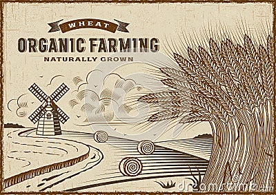 Wheat Organic Farming Landscape Vector Illustration