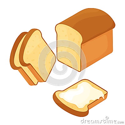 Wheat sliced bread loaf and slice with butter. Vector illustration Cartoon Illustration